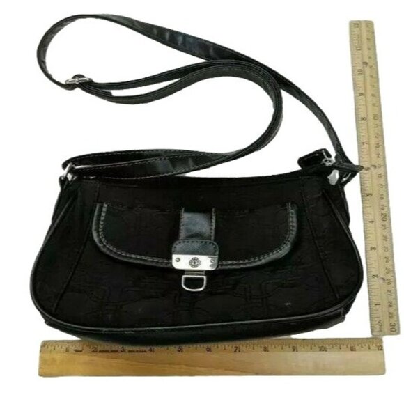 Small Black Acetate Handbag Adjustable Strap Zippered Inside/ Snap Front Pocket - Picture 1 of 12